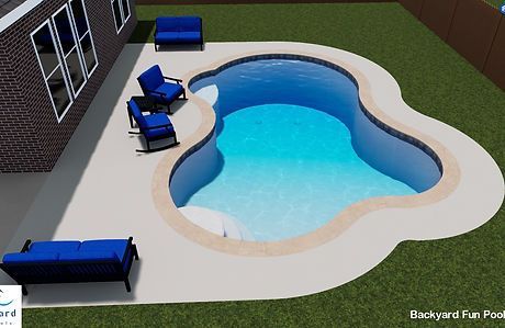 An aerial view of a backyard swimming pool with blue chairs and a couch.