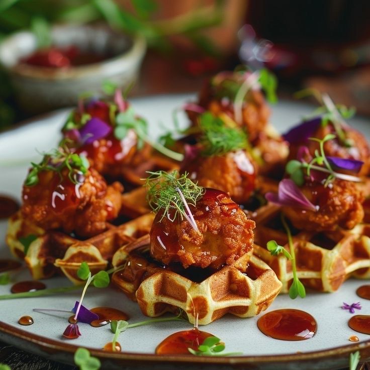 Fried chicken bites served on small waffles, drizzled with sauce and garnished with microgreens on a white plate.