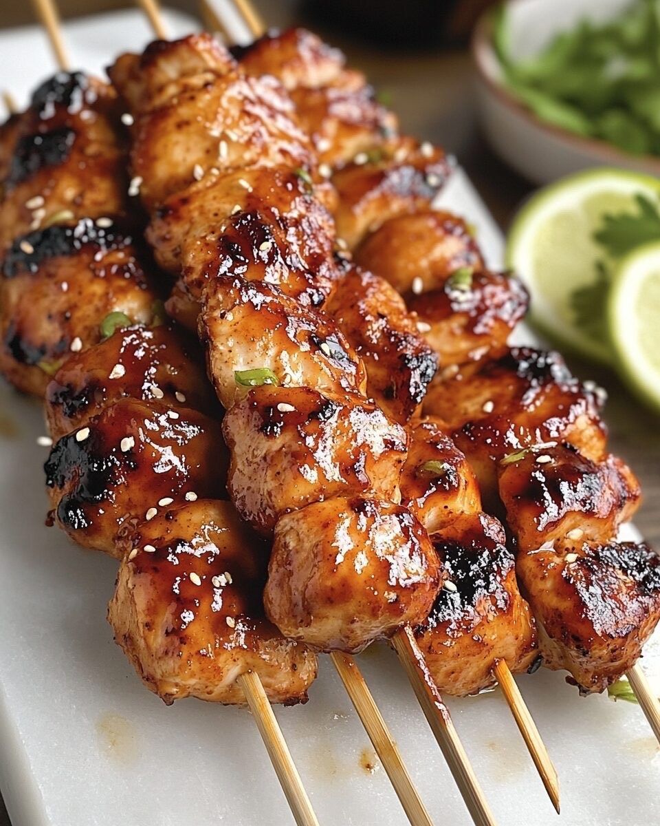 Grilled chicken skewers glazed with a dark savory sauce, garnished with sesame seeds and served on a white platter.
