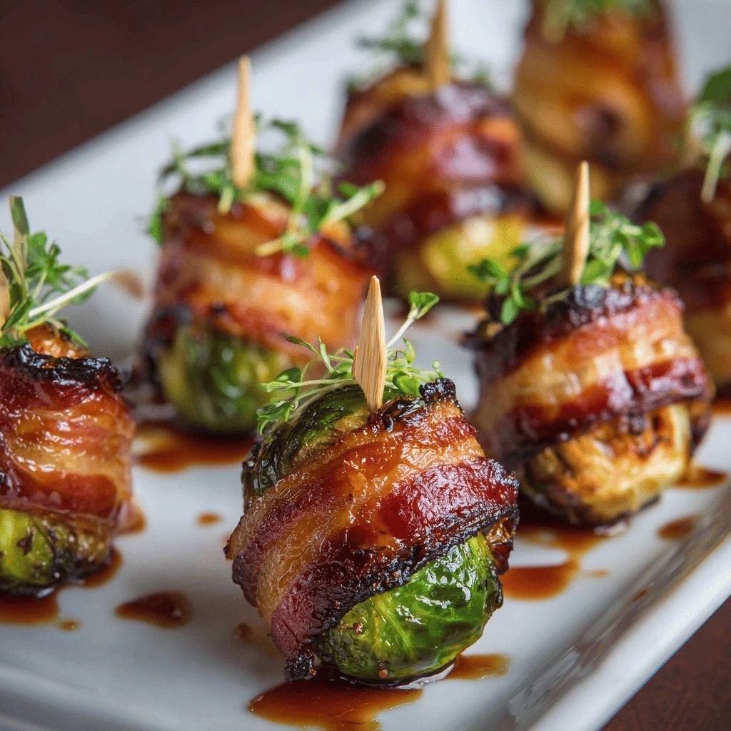Bacon-wrapped Brussels sprouts skewered with toothpicks, garnished with greens and drizzled with a dark glaze on a plate.