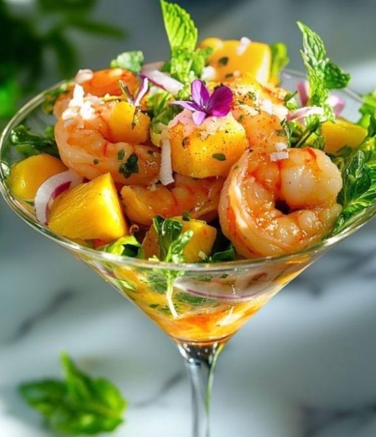Shrimp and diced mango salad with mint and red onion served in a martini glass.