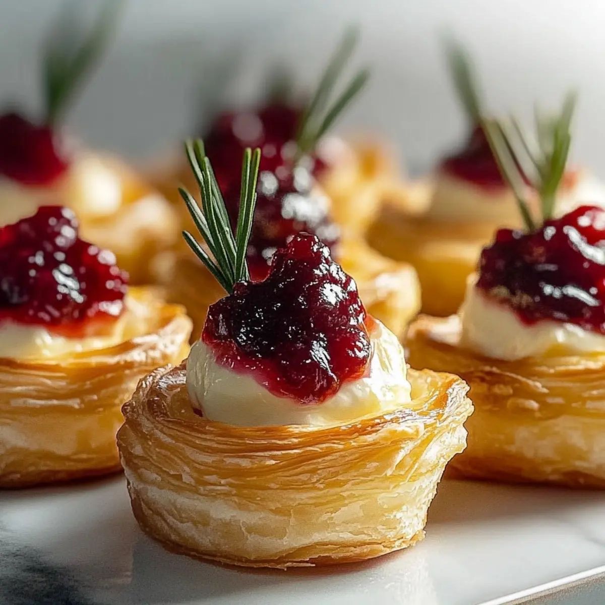 Pastry bites topped with cream cheese and cranberry sauce, garnished with fresh rosemary sprigs on a marble surface.