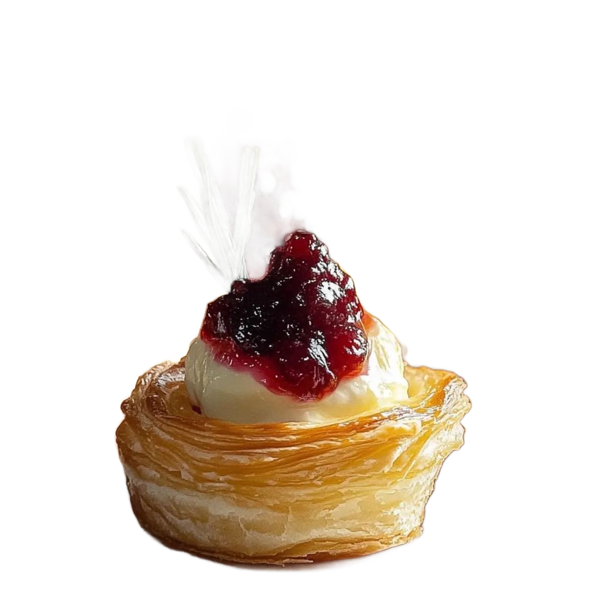 A flaky pastry nest topped with a dollop of white cream and red fruit jam, isolated against a white background.