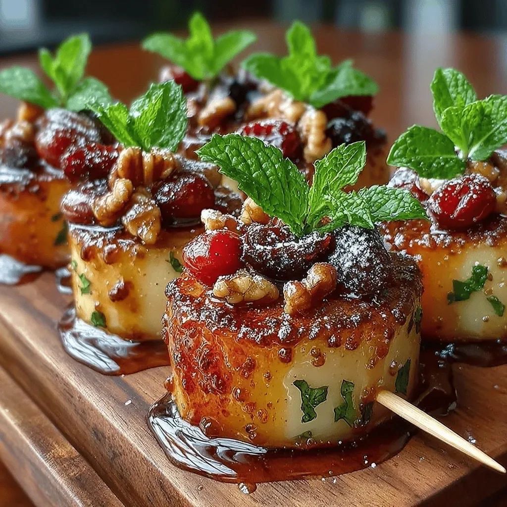 Close-up of seared appetizer rounds topped with nuts, berries, and fresh mint on a wooden board with balsamic glaze.