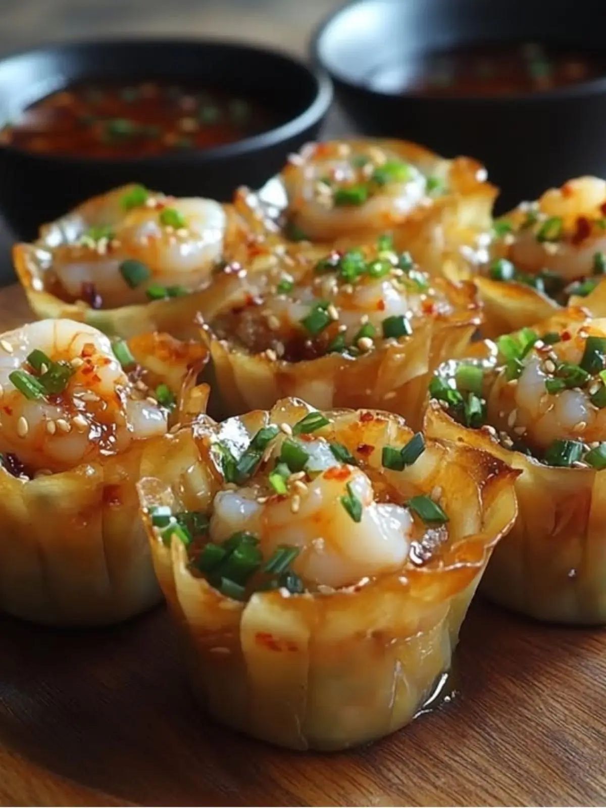 A cluster of fried shrimp wontons topped with chopped green onions and sesame seeds, served with small bowls of sauce.