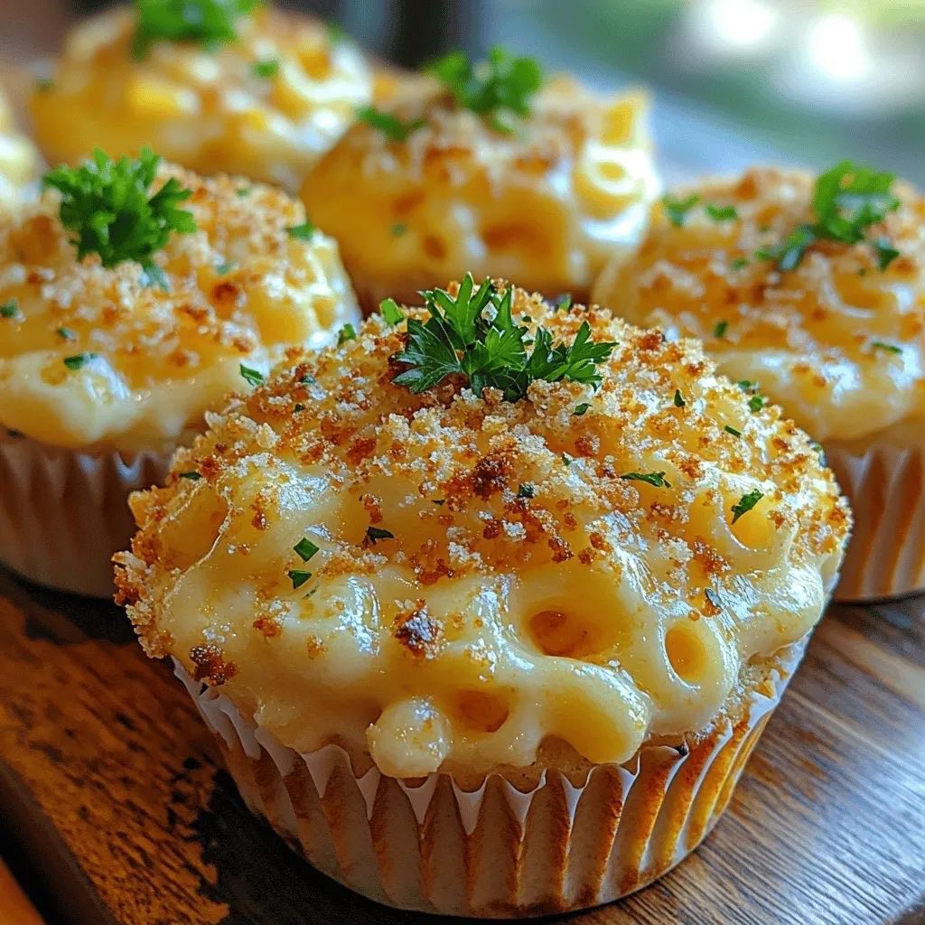 Several mac and cheese bites in muffin liners topped with golden breadcrumbs and fresh parsley on a wooden board.