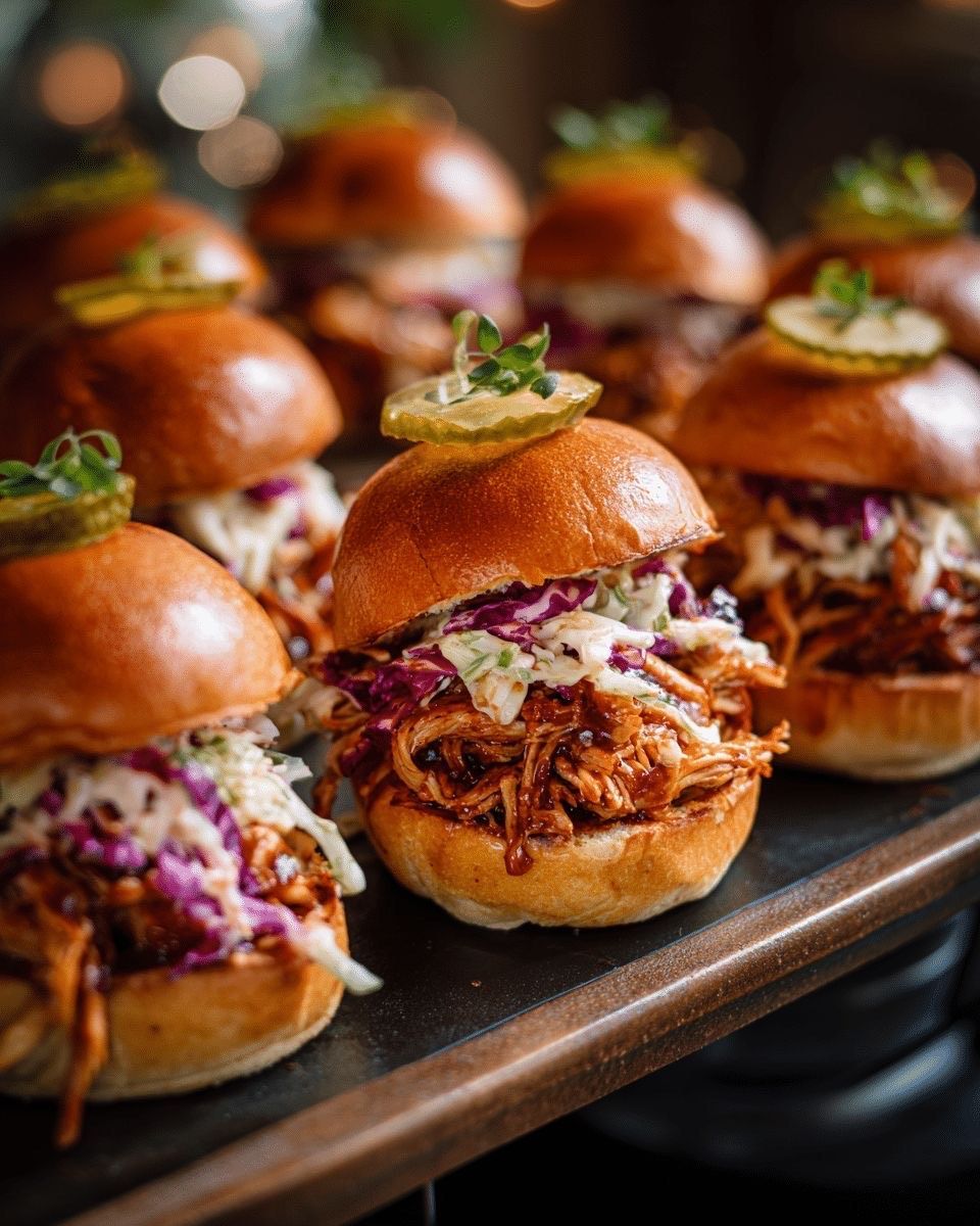 A tray of pulled pork sliders topped with coleslaw and pickle slices, arranged in rows on a dark surface.