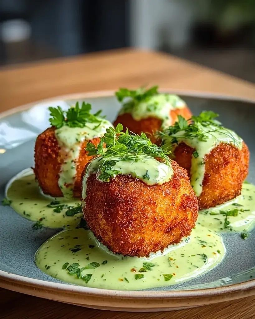 Four golden-brown, crispy croquettes on a grey plate, drizzled with a vibrant green herb sauce and garnished with parsley.