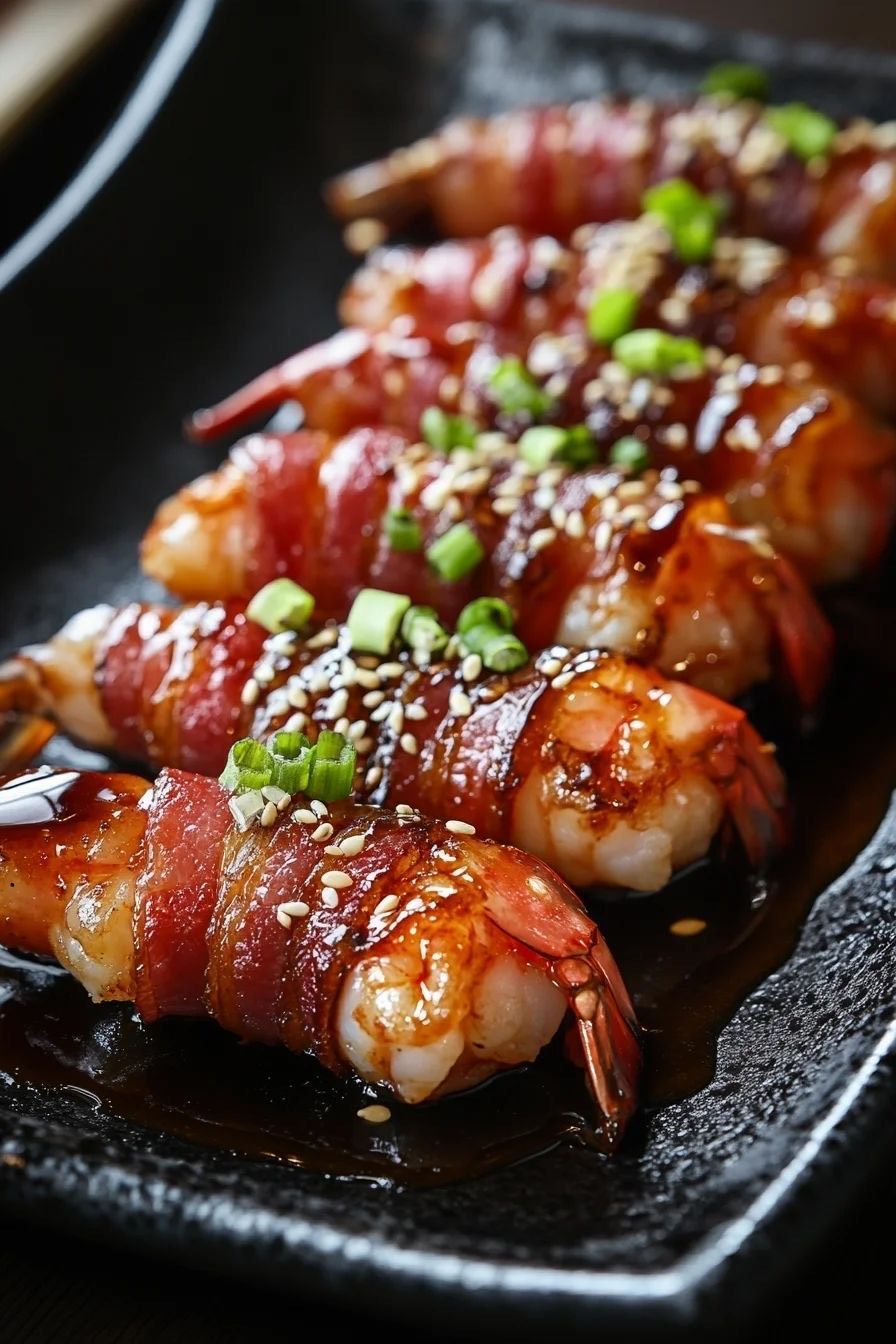 Bacon-wrapped shrimp skewers glazed with sauce, garnished with sesame seeds and green onions on a black platter.