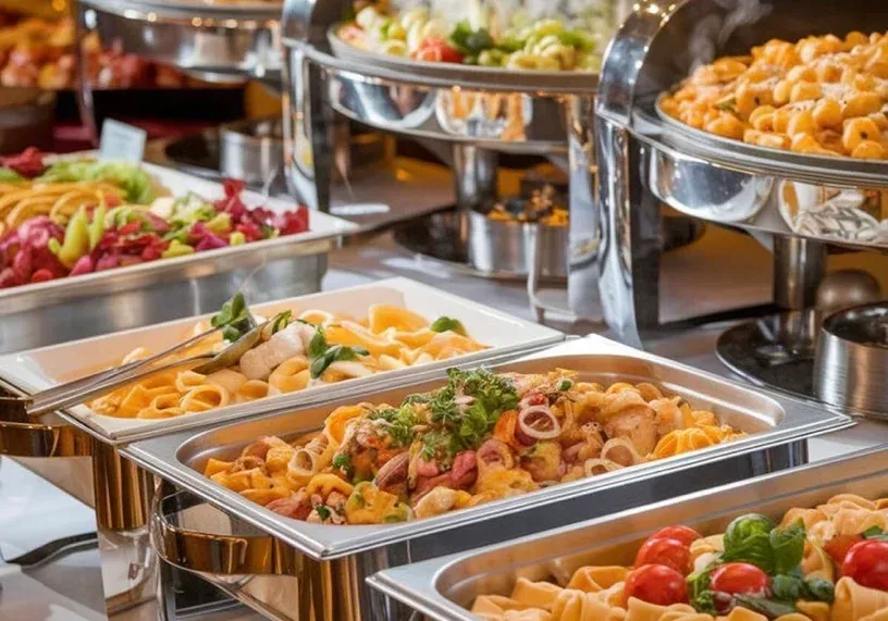 Dessert table with heart-shaped macarons, cupcakes, and red rose petals; in the background, people at a formal event.
