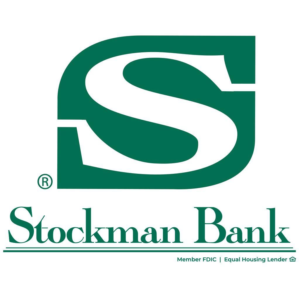 A green and white logo for stockman bank