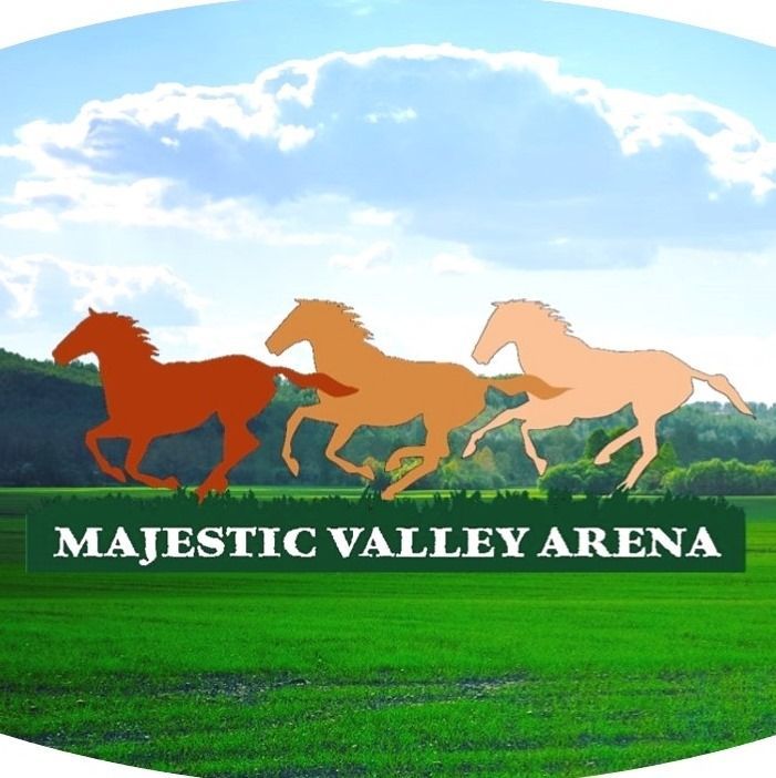The majestic valley arena logo shows three horses running in a field