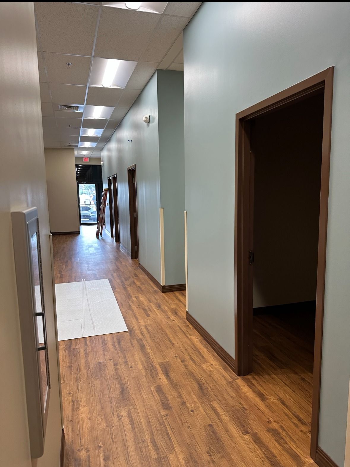 Long hallway with wood-look flooring, light teal walls, brown door frames, and bright ceiling lights.