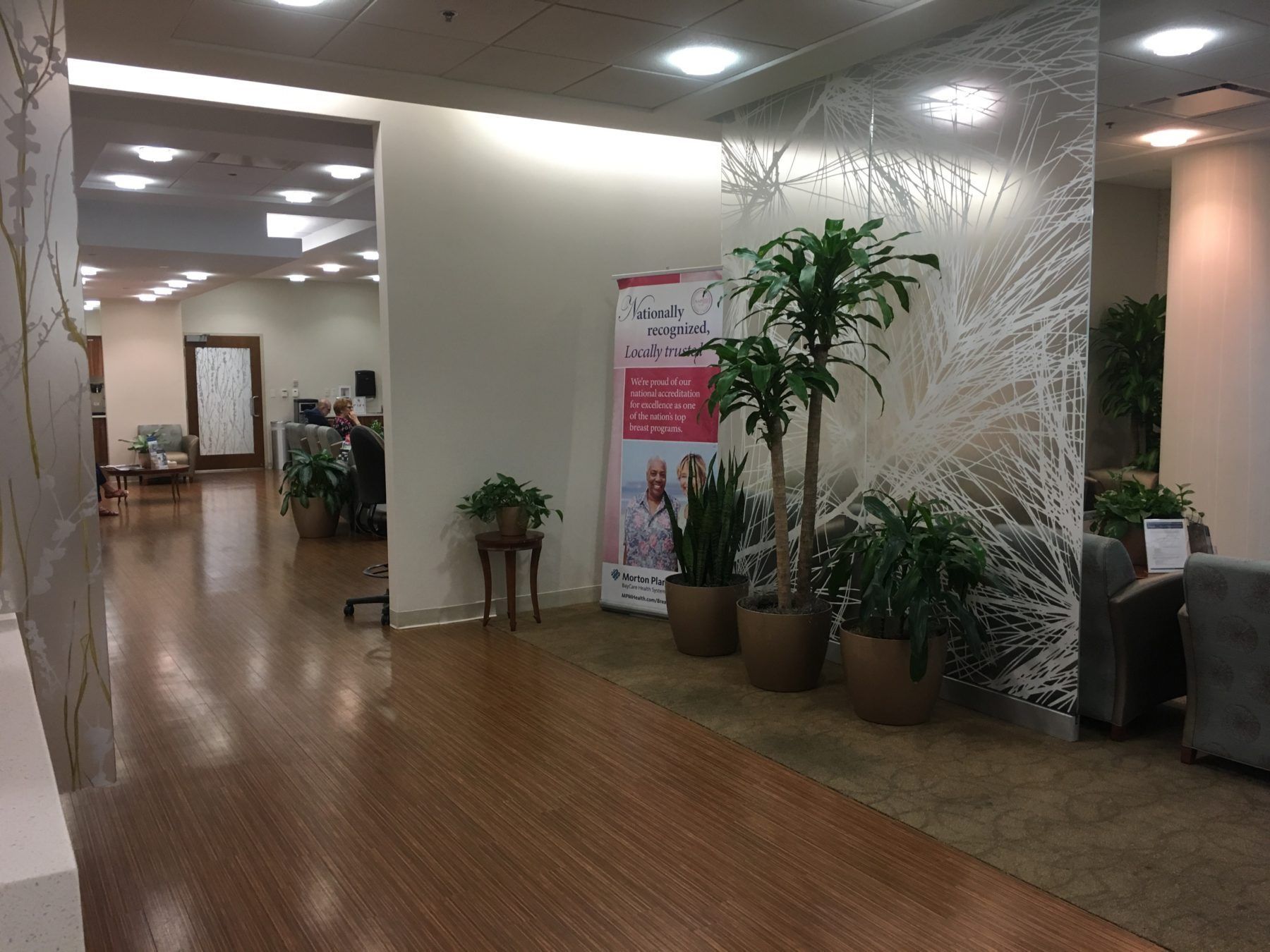 Hallway with potted plants, a banner, and decorative wall panel. Wooden floor and recessed ceiling lights.