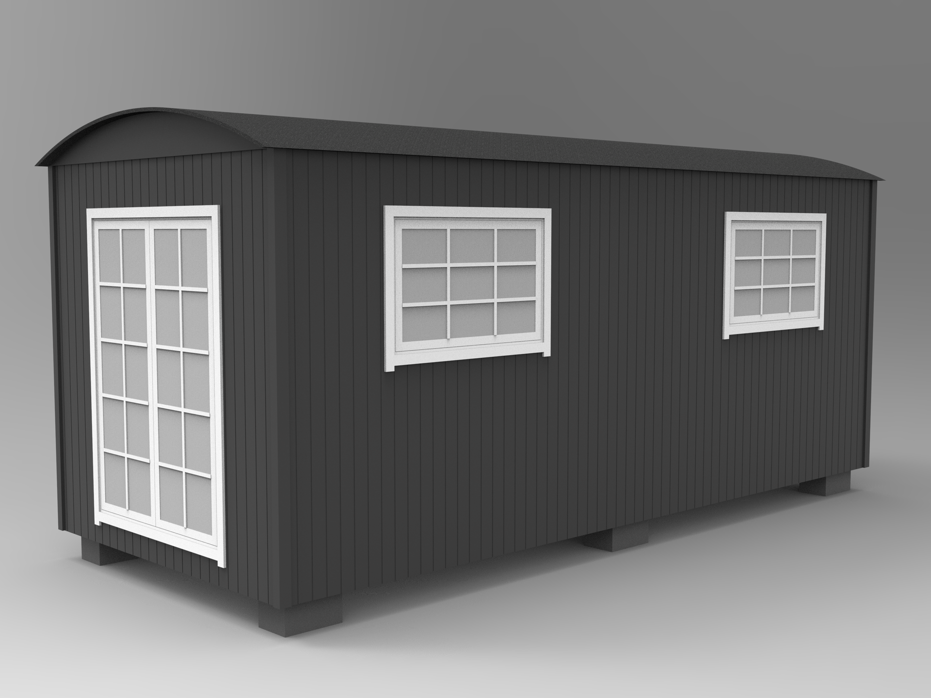 En 3d-model af et tiny house med hvide vinduer.