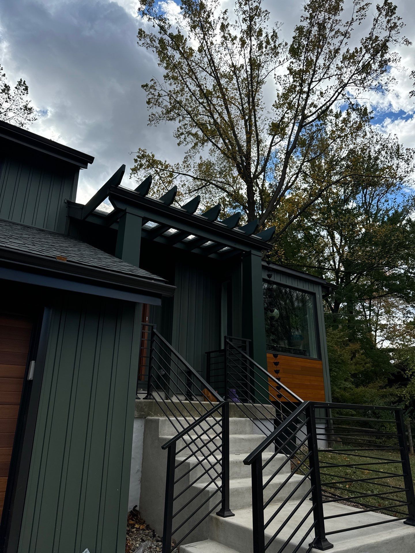 Dark green house exterior with stairs and black metal handrails, under a pergola, blue sky and tree.