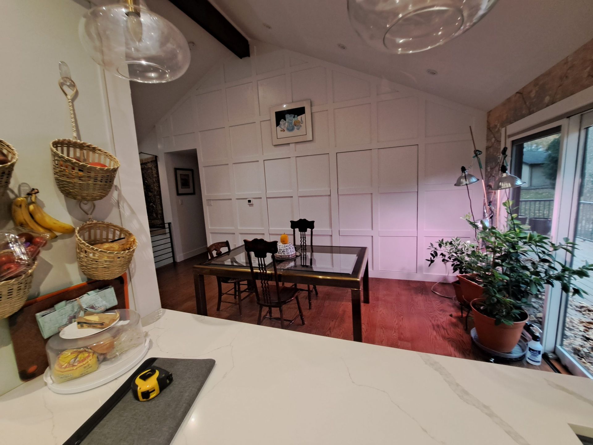 Dining room with table, chairs, plants, and glass doors. White paneled wall and hardwood floor.