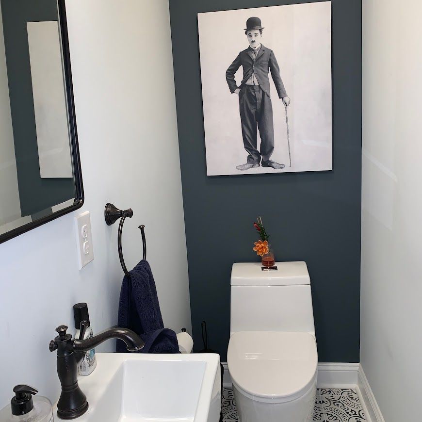 Small bathroom with a toilet, sink, mirror, and a Charlie Chaplin portrait on the wall.
