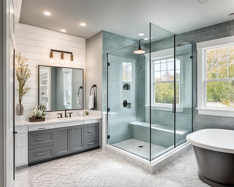 Spacious modern bathroom with a glass shower, gray vanity, and white tub.