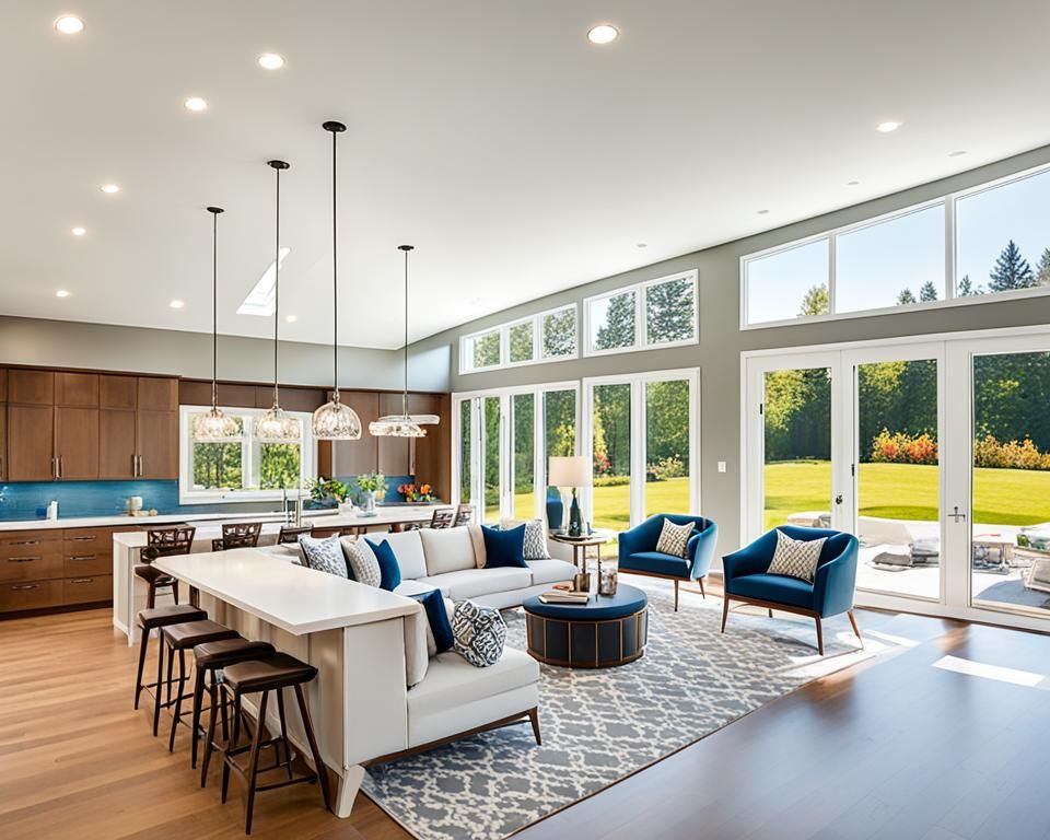 Spacious modern living room with kitchen island, windows, and outdoor view.