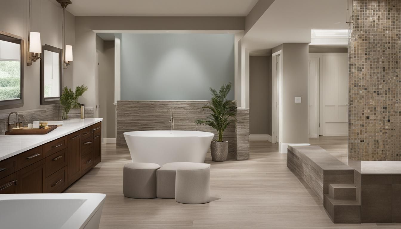Spacious modern bathroom with soaking tub, double vanity, wood accents, and neutral tones.