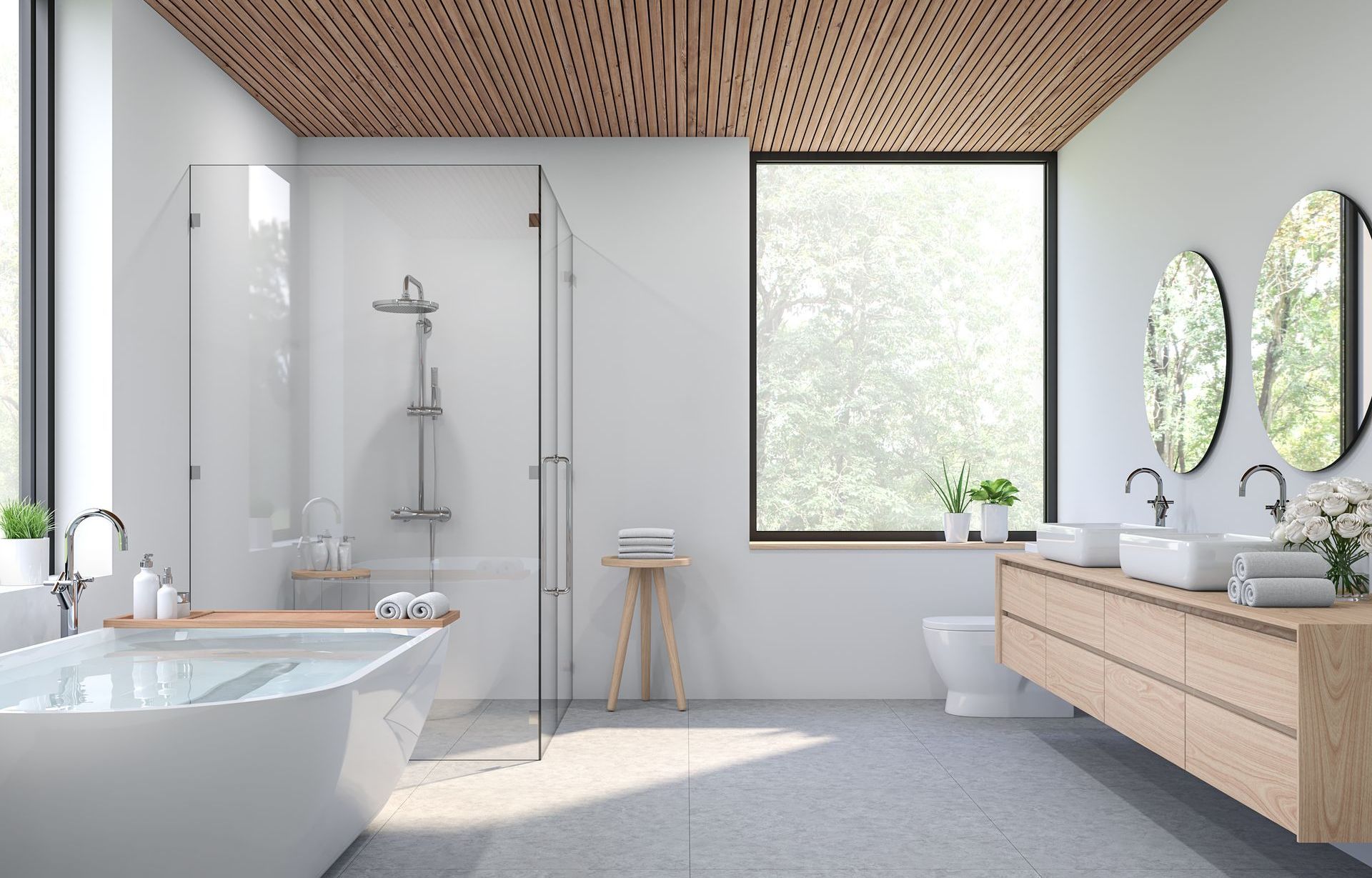 Salon moderne avec coin repas, murs gris, poutres apparentes, canapé en cuir et grande œuvre d'art abstraite.