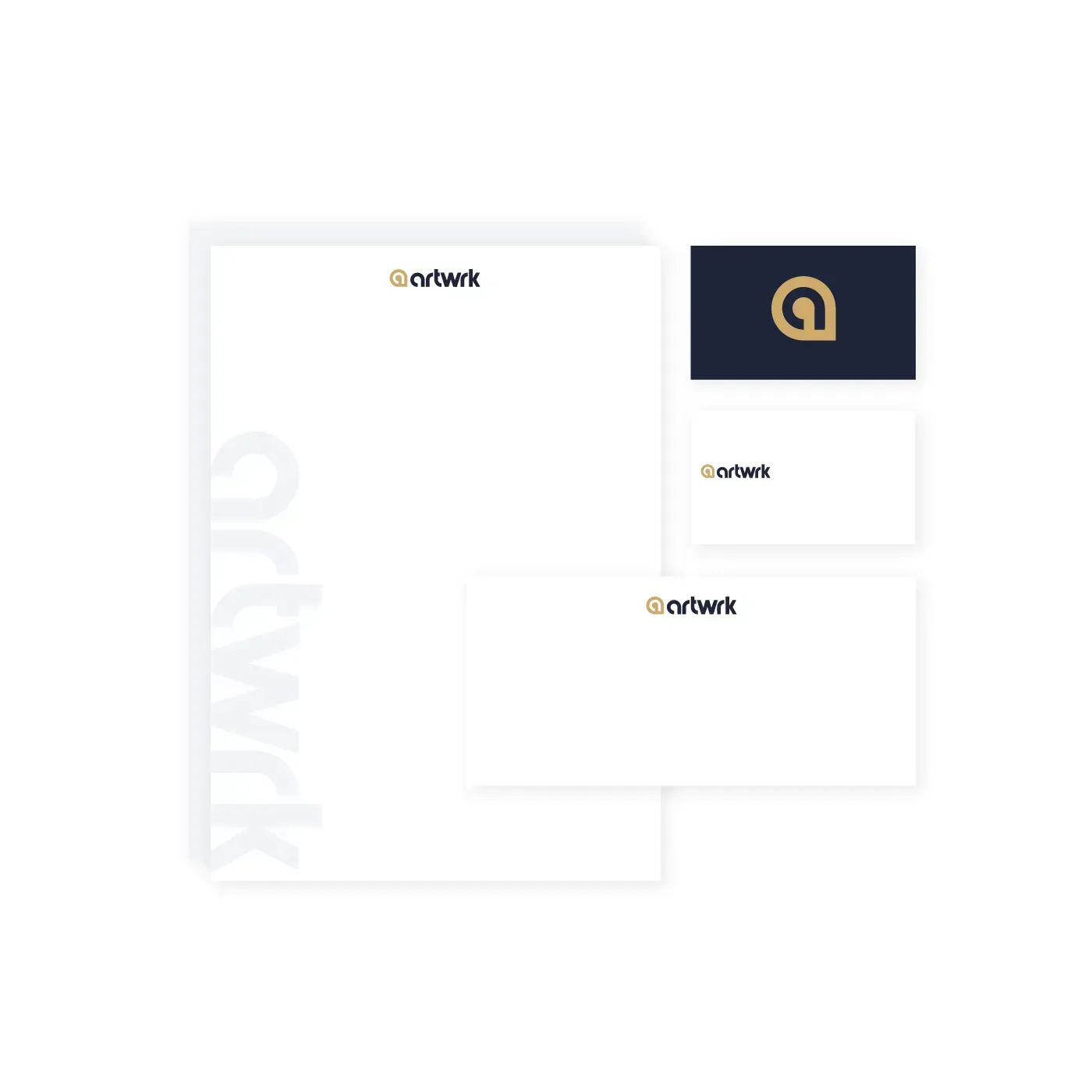 A letterhead , envelope , and business card on a white background.