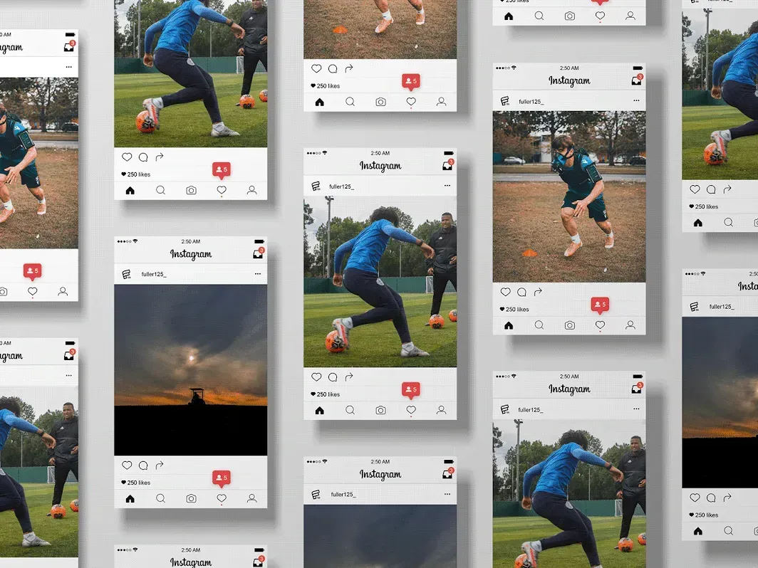 A collage of photos of a man playing soccer on a field.