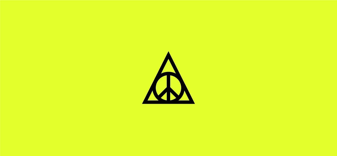A peace sign in a triangle on a yellow background.