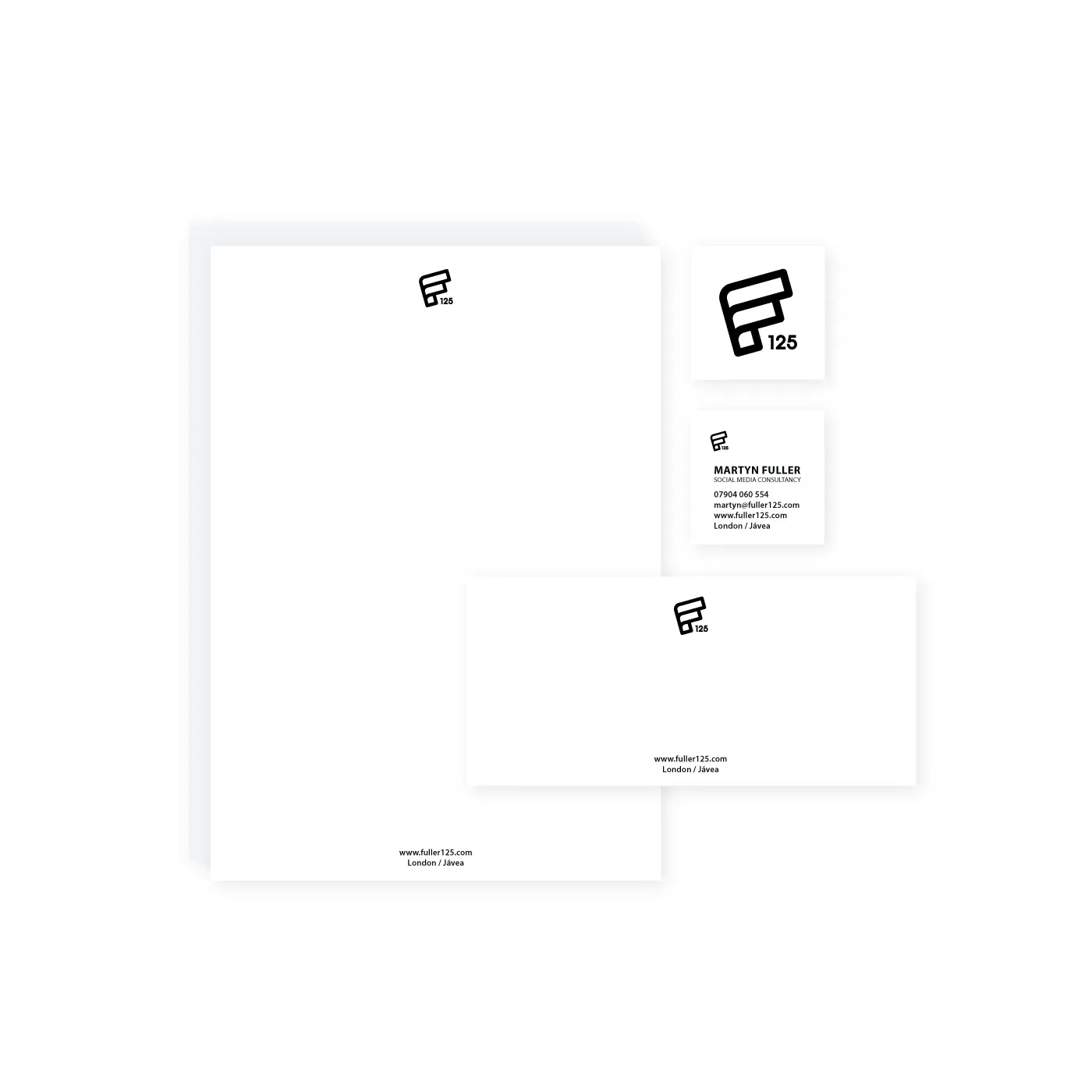 A set of letters and envelopes with a logo on them on a white background.