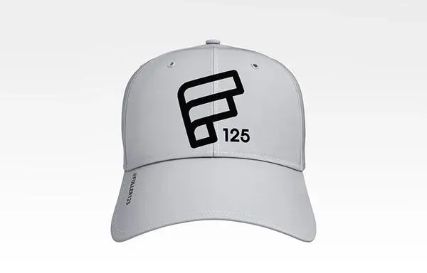 A white baseball cap with a black logo on it.