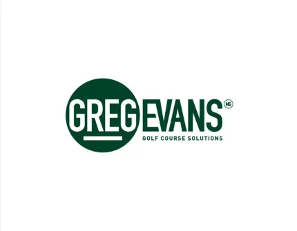 A logo for greg evans golf course solutions on a white background.