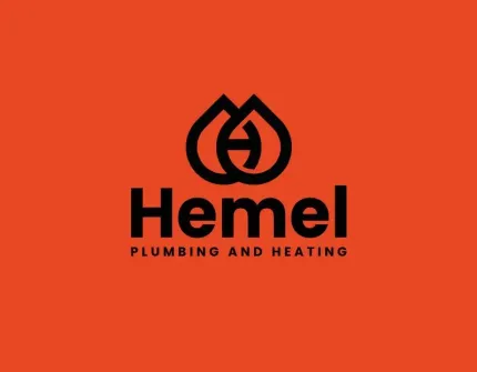 A logo for hemel plumbing and heating on an orange background