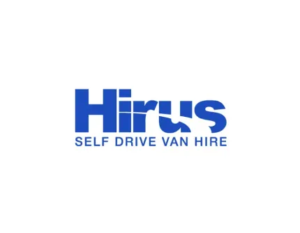 A blue logo for a company called hirus self drive van hire