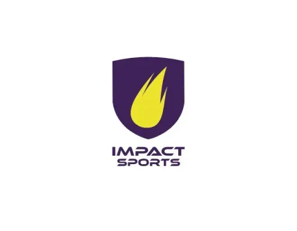 The logo for impact sports is a purple shield with a yellow flame on it.