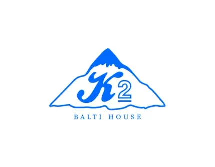 A blue and white logo for k2 balti house