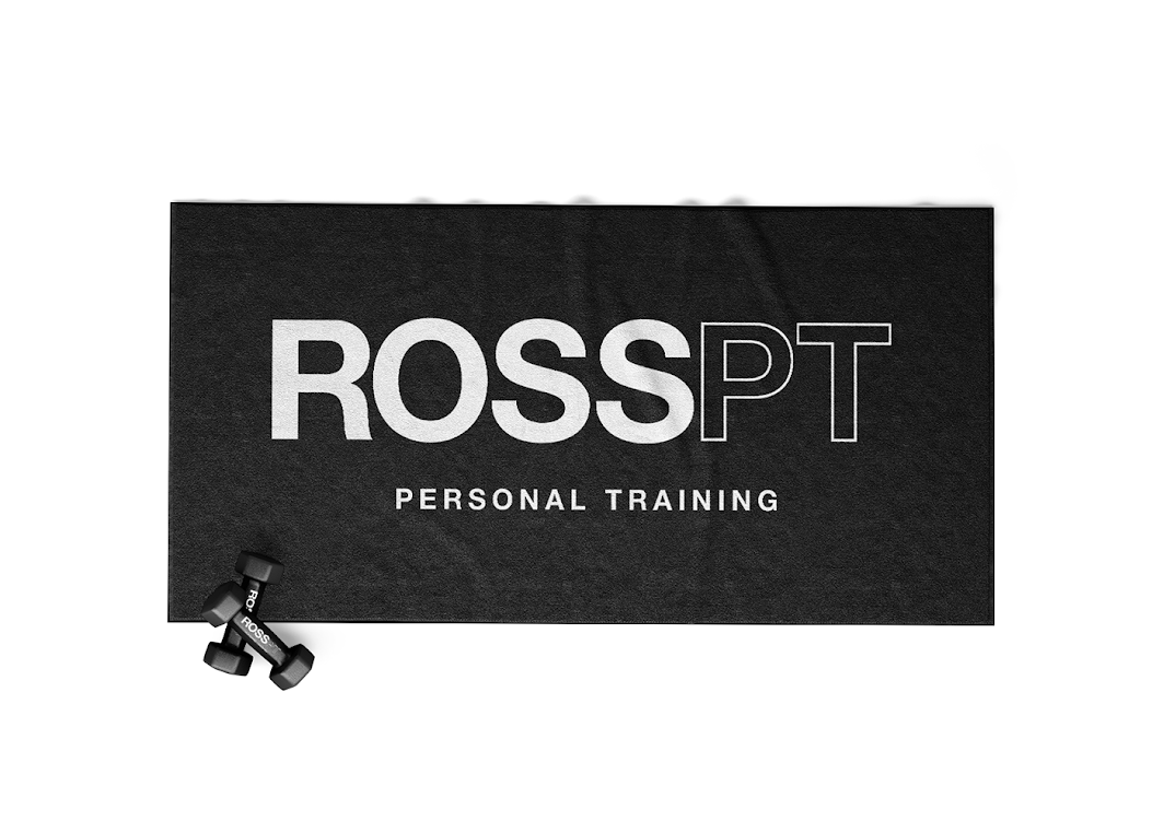 The logo for rosspt personal training is on a black mat.