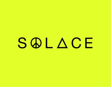 The word solace is on a yellow background with a peace sign.