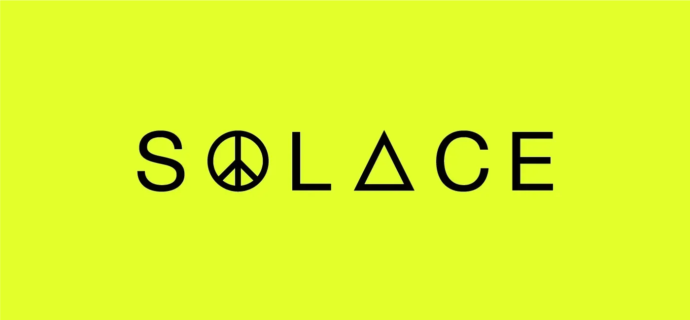 The word solace is on a yellow background with a peace sign.