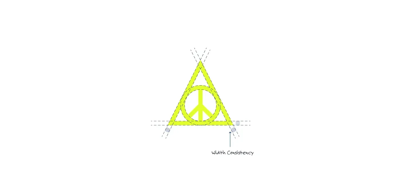 A yellow triangle with a peace sign inside of it on a white background.