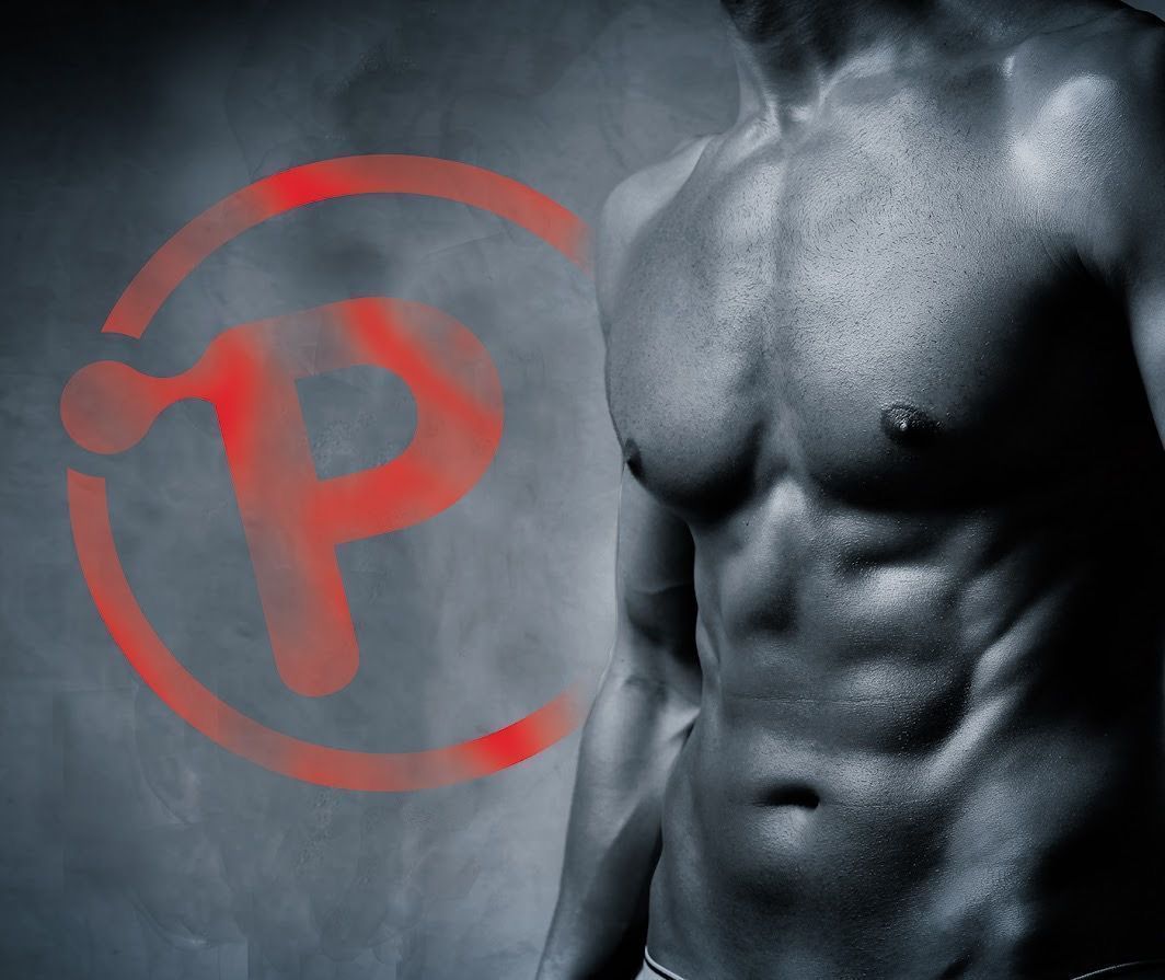 A man without a shirt is standing in front of a red letter p