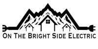 Logo of an electrical company with mountains and houses, flanked by an electrical plug and socket; text "On The Bright Side Electric".