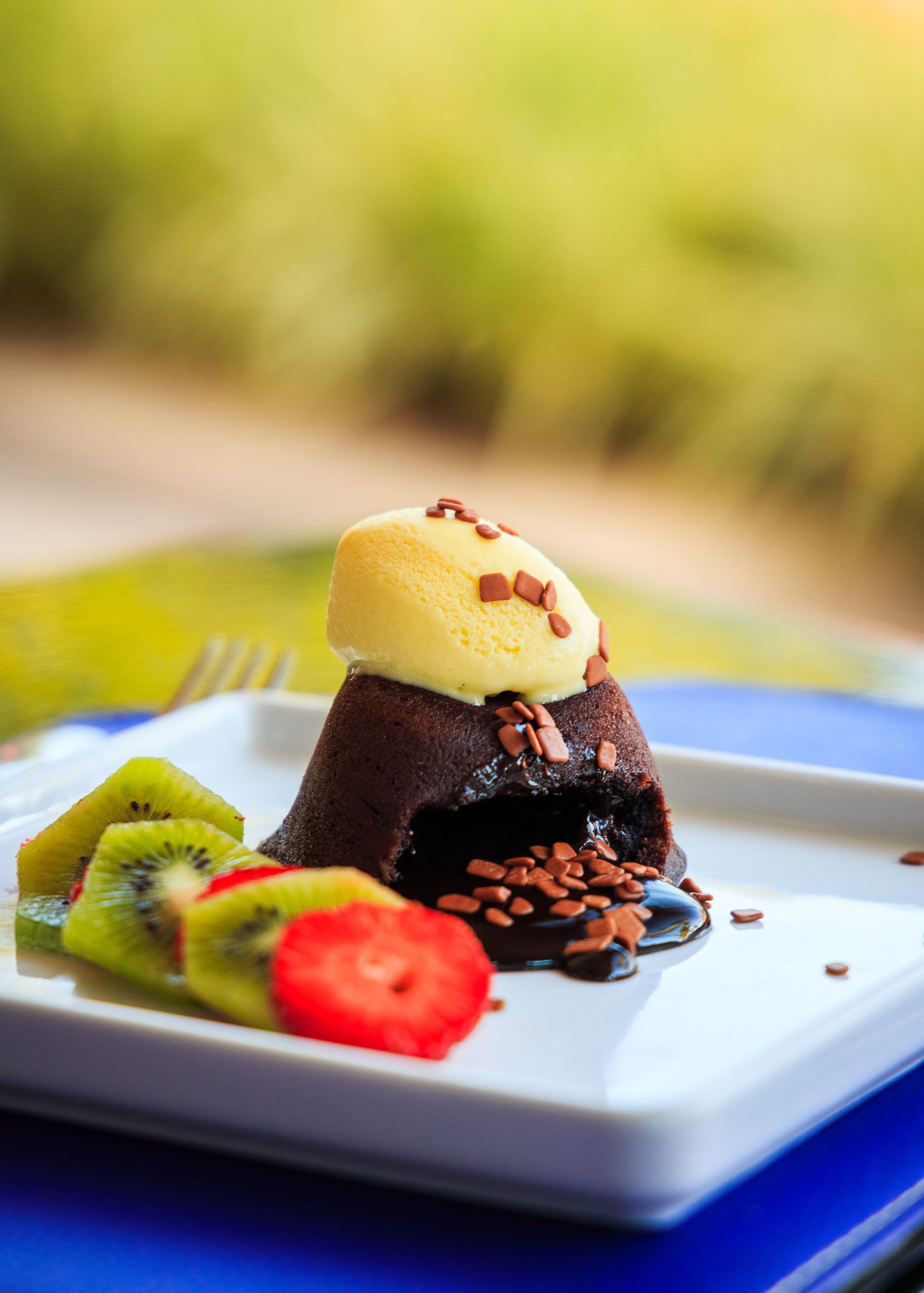 Uma sobremesa de chocolate com sorvete e frutas em um prato branco