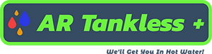 Logo for AR Tankless with colorful water droplets and the tagline "We'll Get You In Hot Water!".