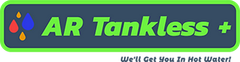 Logo for AR Tankless with colorful water droplets and the tagline "We'll Get You In Hot Water!".