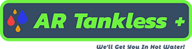 Logo for AR Tankless with colorful water droplets and the tagline "We'll Get You In Hot Water!".