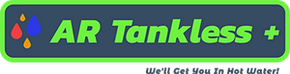Logo for AR Tankless with colorful water droplets and the tagline "We'll Get You In Hot Water!".