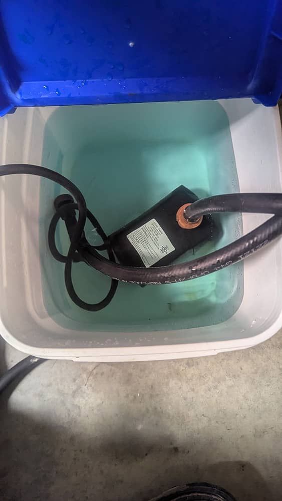 A submersible pump submerged in teal-colored water inside a white bucket with a blue rim.