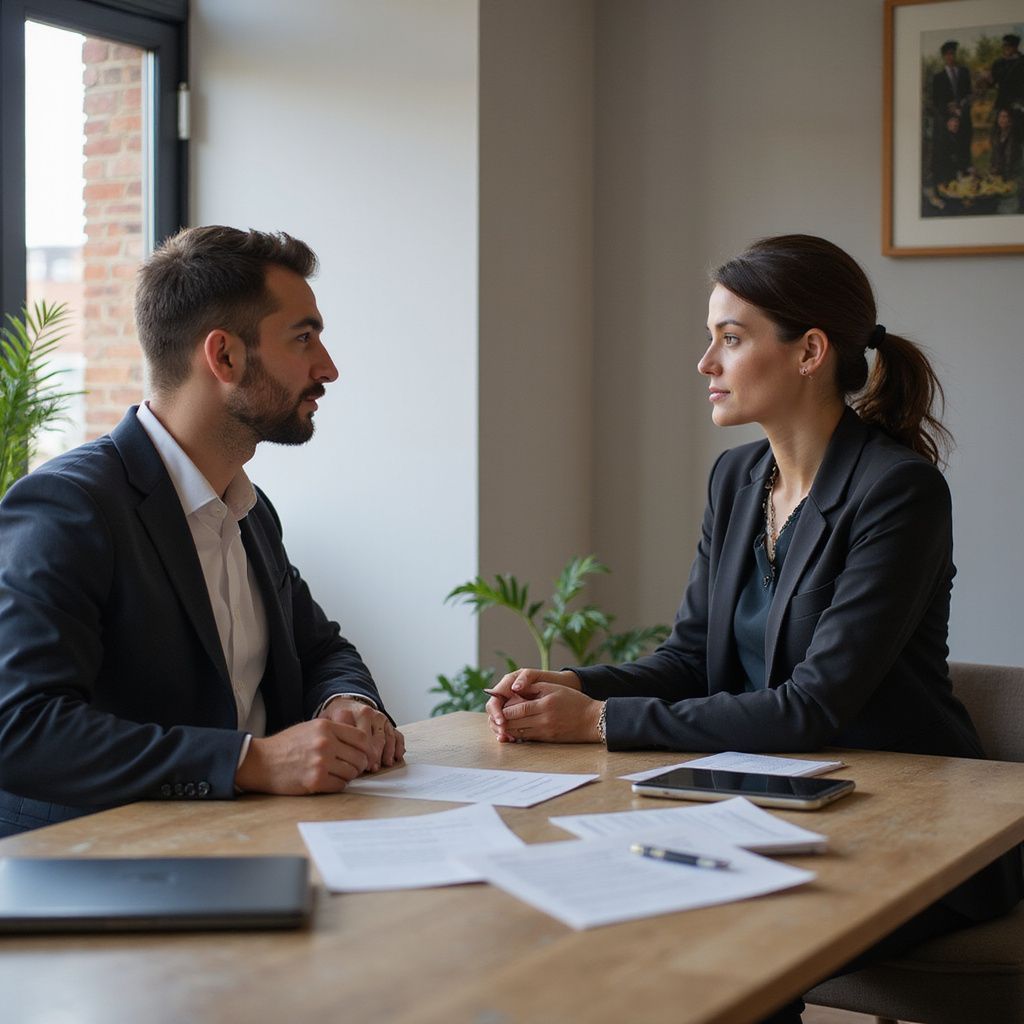 Two people in business suits at a table, discussing documents in an office.
