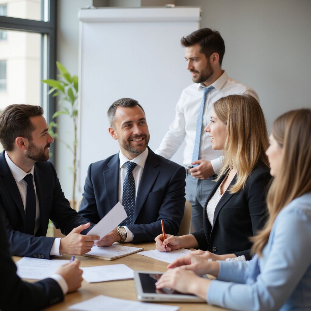 Business team in a meeting, smiling, with documents, around a table in an office.